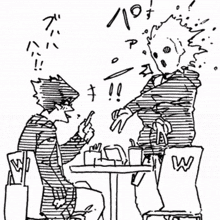 a drawing of two people sitting at a table with the letter w on the back of a chair