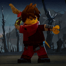 a lego character holding a sword stands next to a turtle