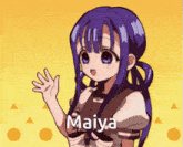 a girl with blue hair is waving her hand and the name maiya is on the bottom