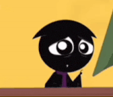 a black cartoon character with a purple scarf around his neck