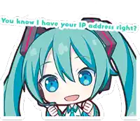 a picture of hatsune miku with the words you know i have your ip address right below her