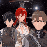 three anime characters are posing for a picture in front of a basketball hoop