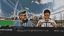 a man in a plaid shirt is driving a car next to an older man in a hat