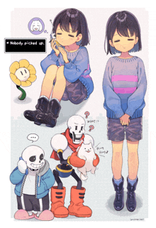 a drawing of sans papyrus and frisk with the words " nobody picked up "