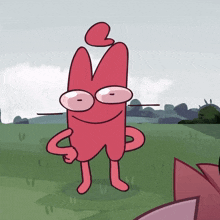 a cartoon character with glasses is standing in a field of grass