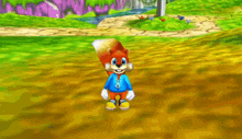 a cartoon squirrel is standing on a dirt road