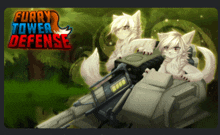 a poster for furry tower defense with two white cats on a tank