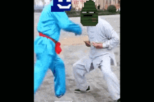 two men are standing next to each other on a sidewalk .