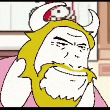 a cartoon of a man with a beard and horns is smiling .