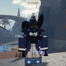 a cartoon character with a witch hat and a speech bubble that says / e shuba