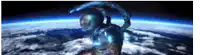 a man in a space suit stands in front of a planet