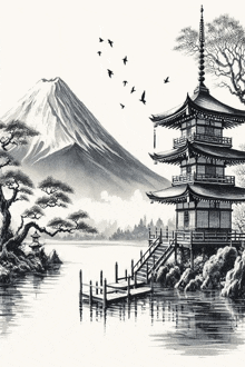 a black and white drawing of a pagoda with birds flying overhead