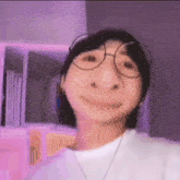 a close up of a person wearing glasses and making a funny face .