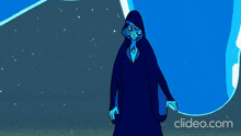 a blue cartoon character is standing in front of a white circle .