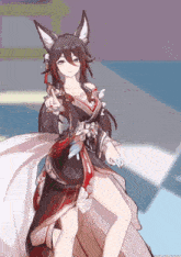 a girl with a fox ear is wearing a dress