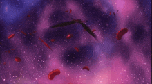 a close up of a pink and purple cartoon character
