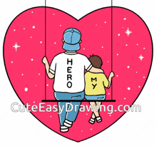 a father and son are sitting on a swing in a heart shaped frame