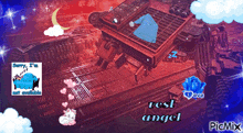 a picture of a bed with the words sorry i 'm not available rest angel on it