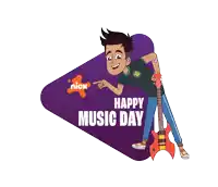 a cartoon drawing of a boy holding a guitar with the words happy music day below him