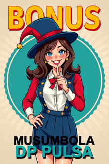 a poster with a girl in a jester hat and the words bonus musumbola dp pulsa
