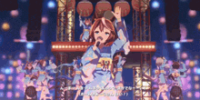 a girl singing into a microphone on a stage with a bunch of other girls