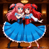 two anime girls in blue dresses are standing next to each other with stablediffusionroyale.com written on the bottom