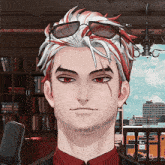 a man with red and white hair wearing sunglasses stands in front of a microphone