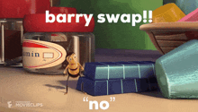 a bee is standing next to a jar of cumin and the words barry swap
