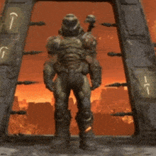 a man in a military uniform is standing in front of a doorway in a video game .