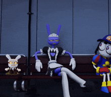 three stuffed animals are sitting on a bench one of which has a hat that says ' snoopy ' on it