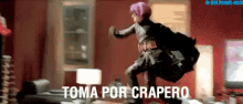 a woman with purple hair is jumping in a living room with the words toma por crapero written in the corner