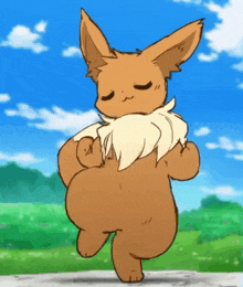 a cartoon eevee is dancing in a field with its eyes closed .