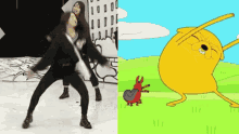 two women are dancing next to a cartoon character that looks like jake the dog