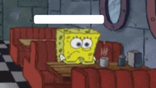 a cartoon of spongebob squarepants sitting at a table in a diner