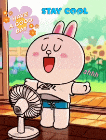 a cartoon of a rabbit holding a fan with the words " stay cool " on the bottom