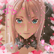 a picture of a girl surrounded by pink hearts with picmix in the bottom right corner