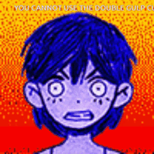 a pixel art of a boy with blue hair making a funny face
