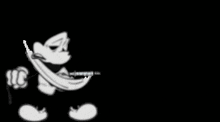 a black and white cartoon of mickey mouse holding a gun and a sword .