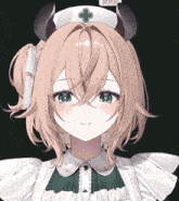 a girl with horns and a white hat with a cross on it