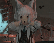 a girl with white furry ears covering her face
