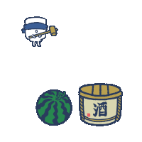 a cartoon character is holding a hammer next to a watermelon and a barrel of alcohol