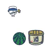 a cartoon character is holding a hammer next to a watermelon and a barrel of alcohol