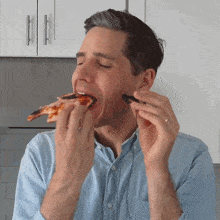 a man eating a slice of pizza with a fork