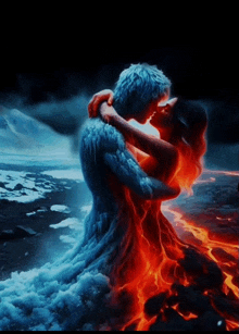 a painting of a man and a woman kissing with the woman being made of fire