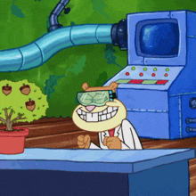 sandy cheeks from spongebob is wearing goggles and smiling