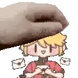 a pixel art of a boy holding an envelope and a hand .