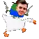 a cartoon duck with a man 's face on it is flying in the air .
