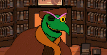 a pixel art drawing of a green bird wearing sunglasses and a hat