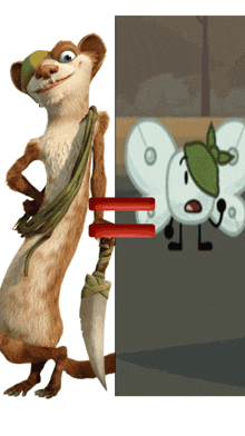 a cartoon character standing next to a cartoon character with a green hat