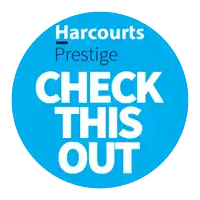 a blue sticker that says check this out by harcourts prestige